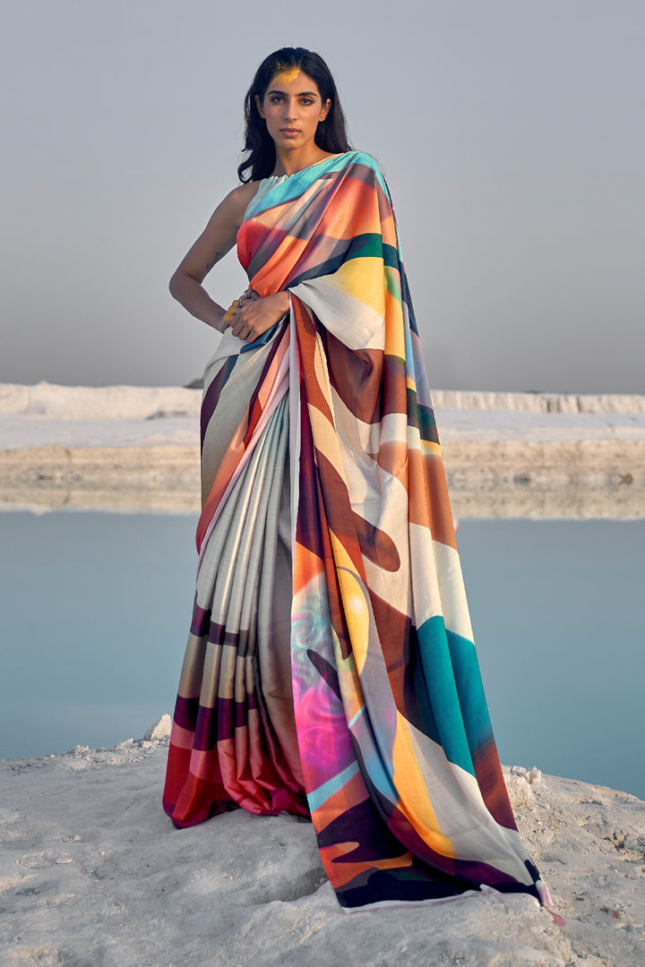 Ultra White And Multicolor Satin Silk Saree