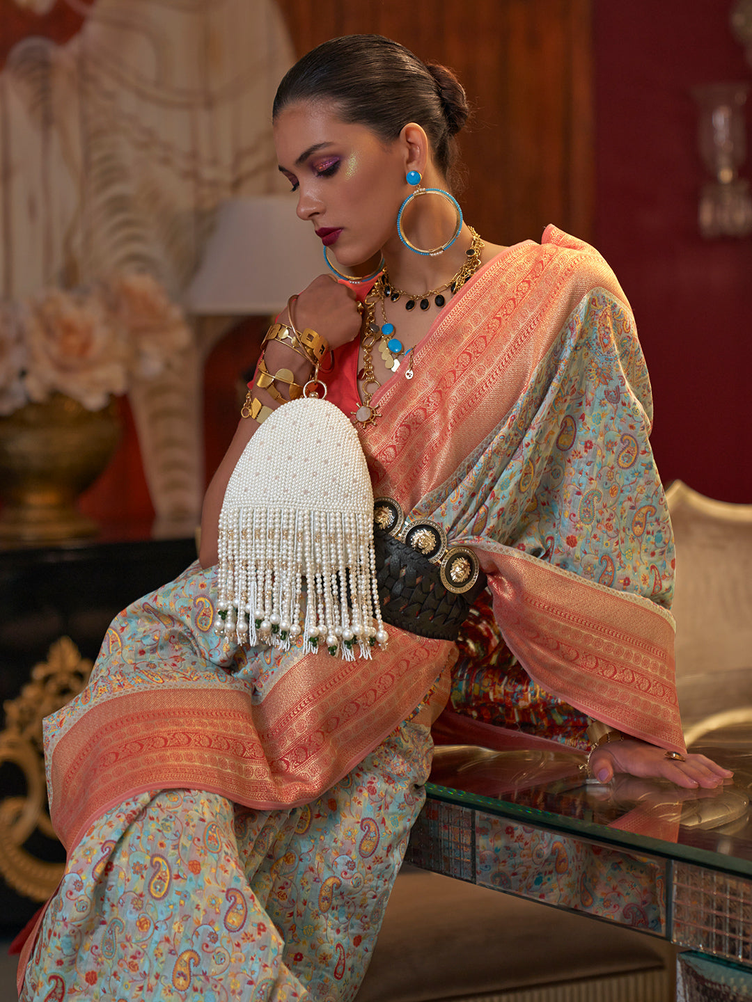 White And Orange Pashmina Saree