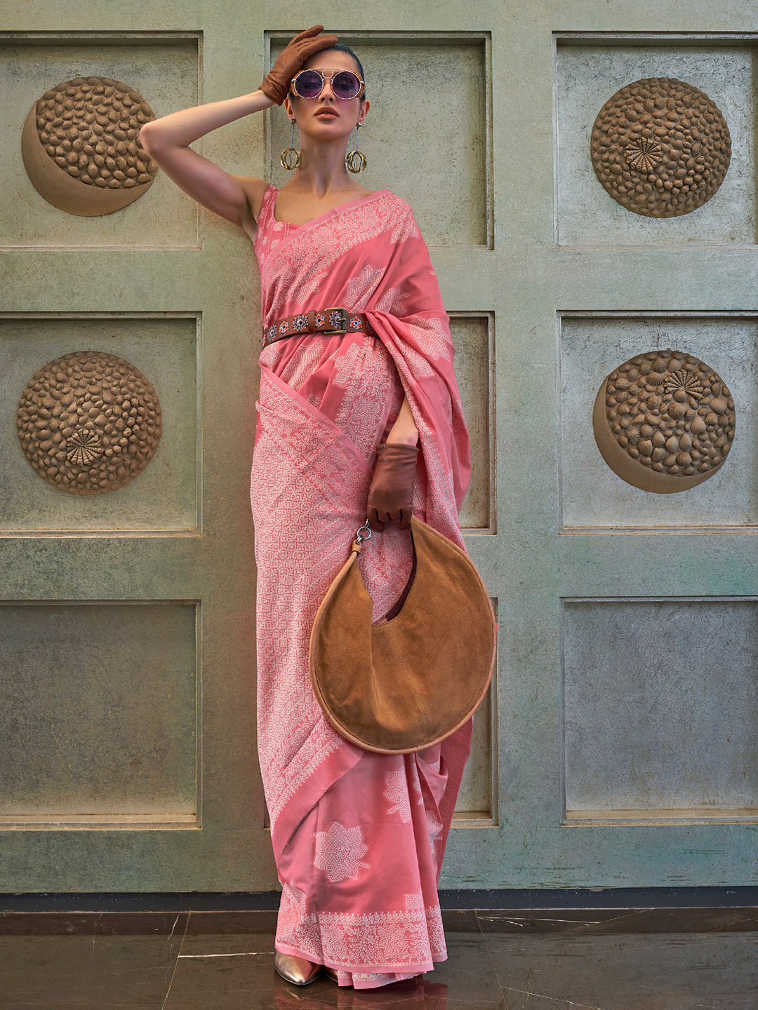 Flamingo Pink Cotton Lucknawi Saree