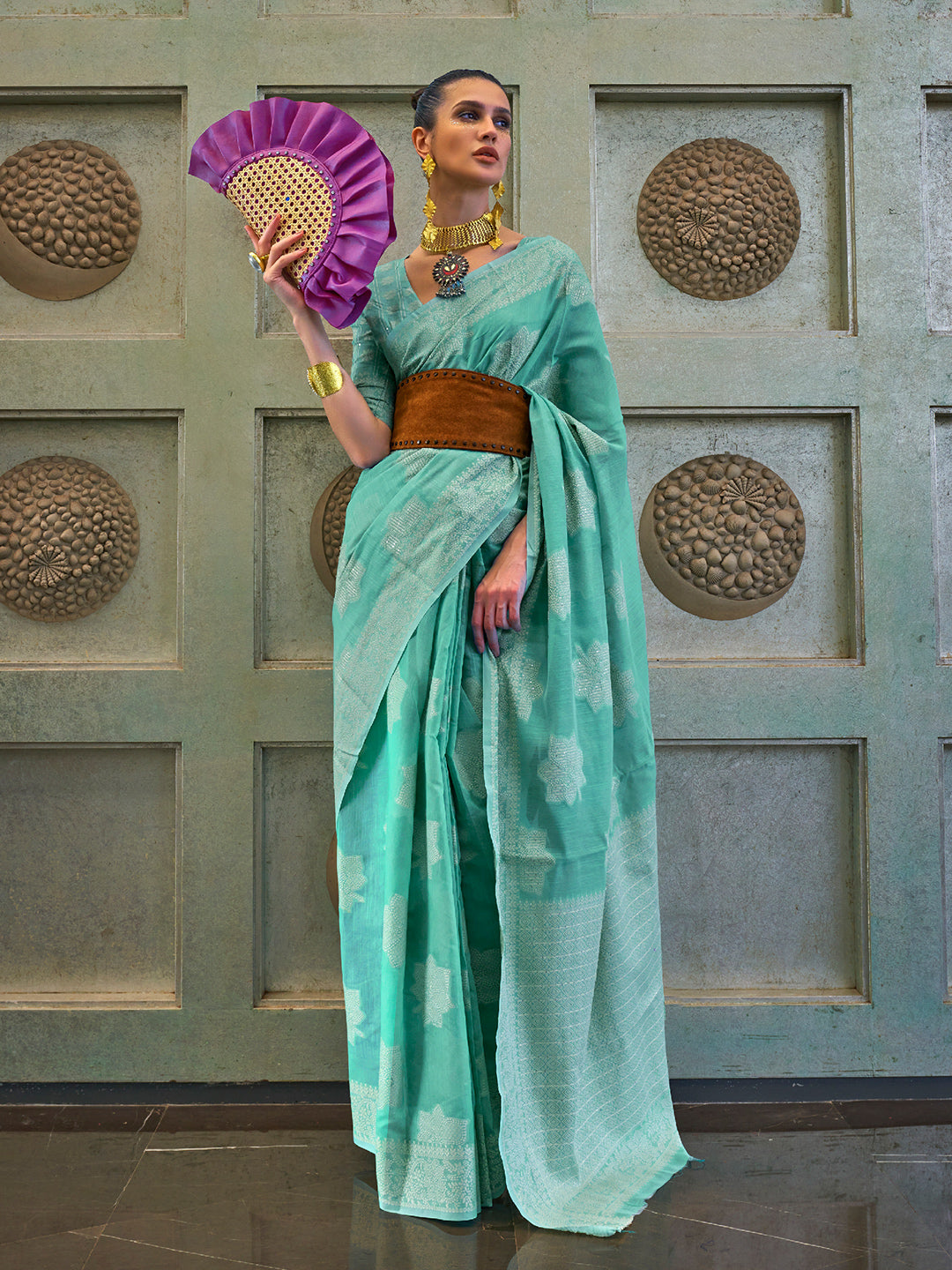 Mint Green Cotton Lucknawi Saree