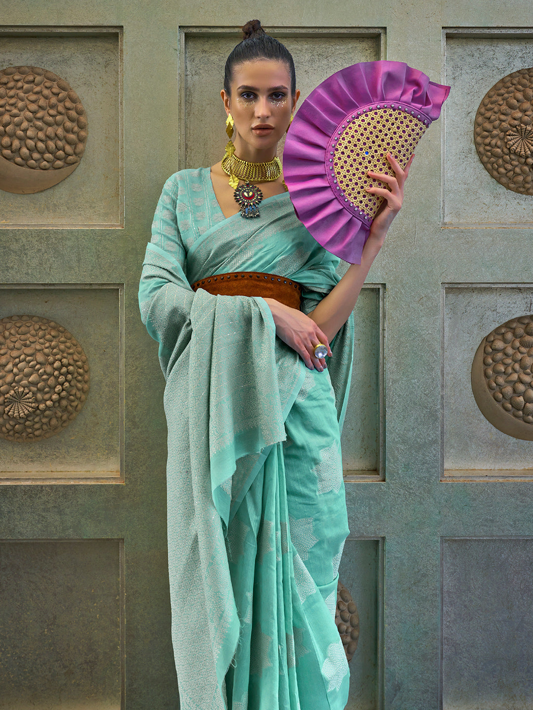 Mint Green Cotton Lucknawi Saree