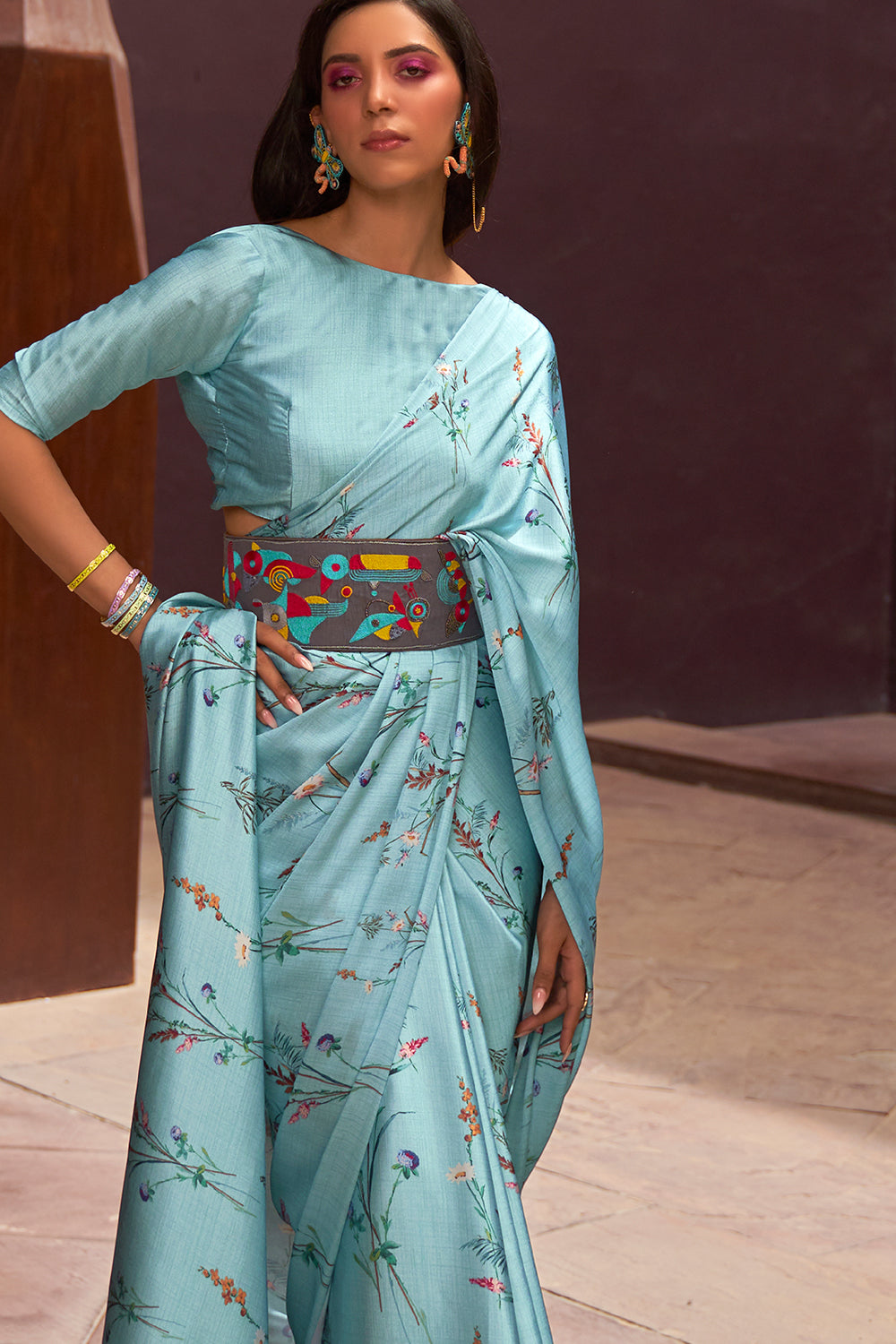Buy Firozi Chickankari Organza Saree Nitaraa