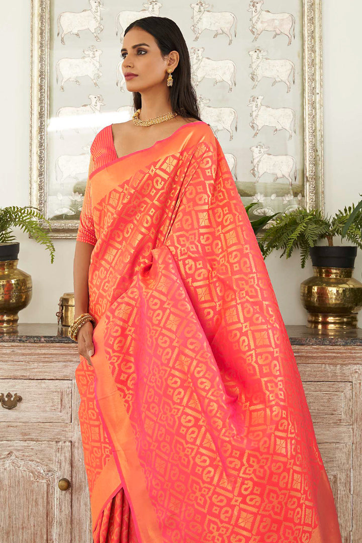 Orange And Pink Kanjivaram Saree