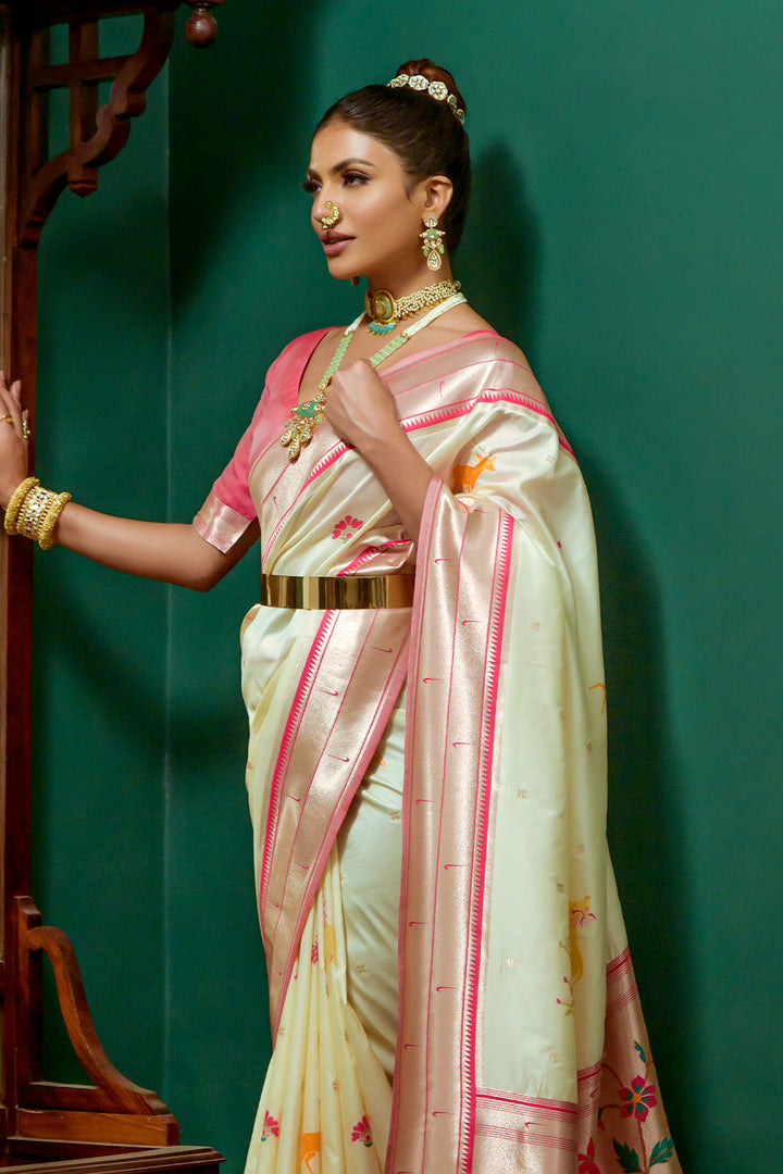 Cream Paithani Silk Saree
