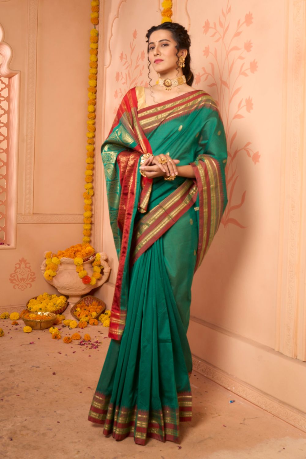 Buy Cantaloupe Peach Cotton Lucknawi Saree Nitaraa