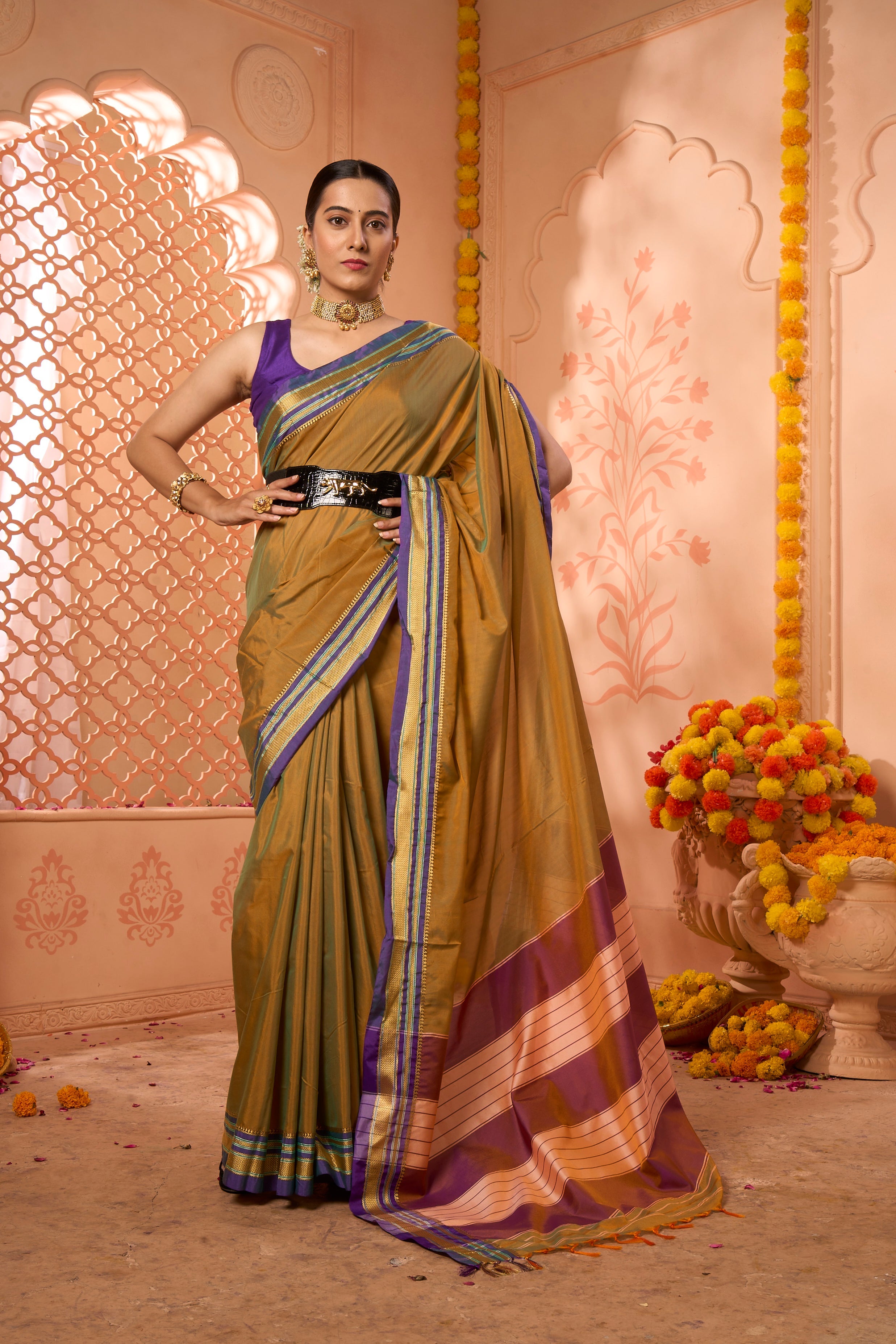 Buy Lavender Gota Zari Silk Saree With Blouse Piece Nitaraa