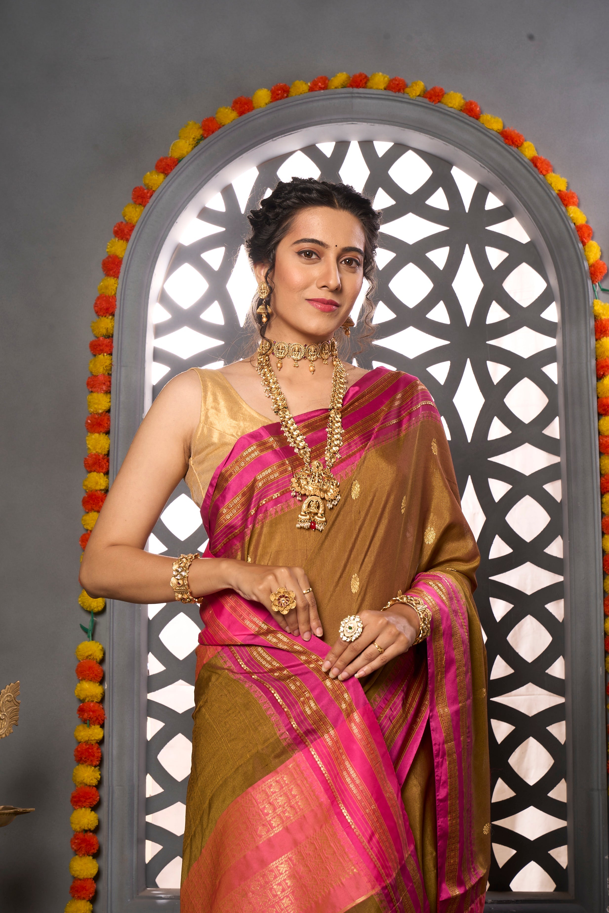 Buy Peach And Beige Digital Organza saree Nitaraa