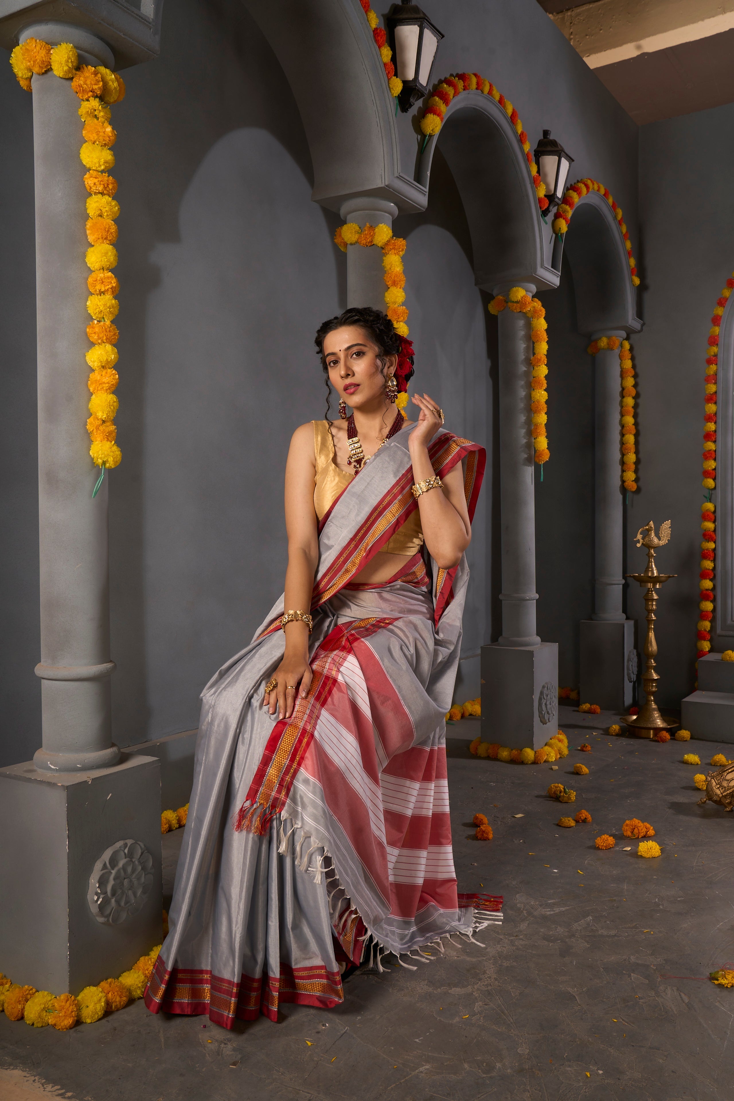 Buy Peach Multicolour Organza Saree Nitaraa