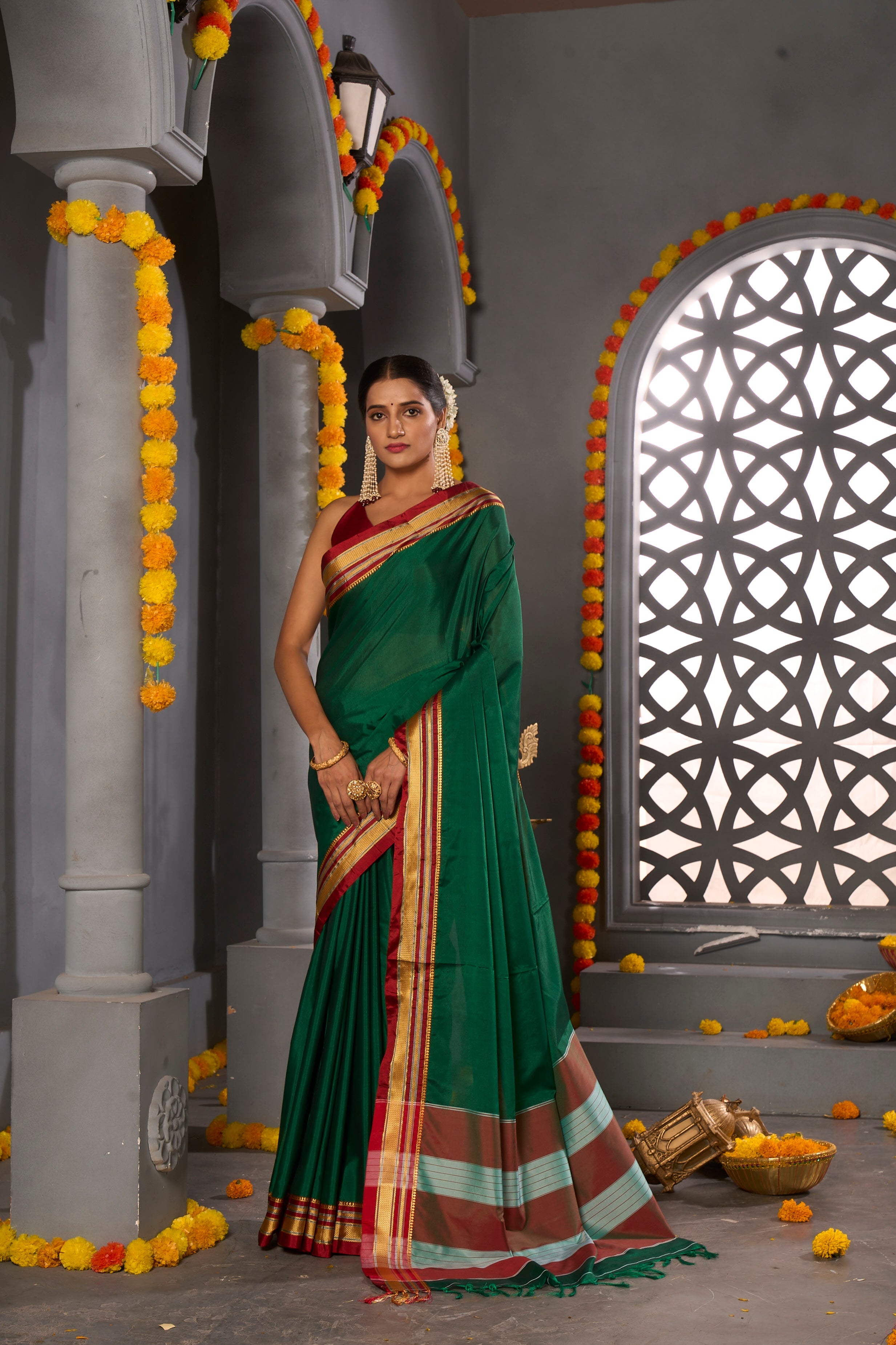 Buy Bottle Green Banarasi Silk Saree Nitaraa