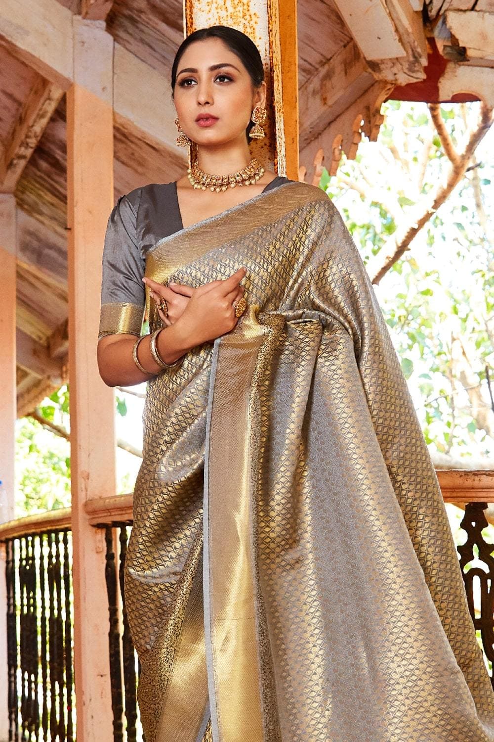 Buy Grey And Pink Smooth Silk Saree Nitaraa