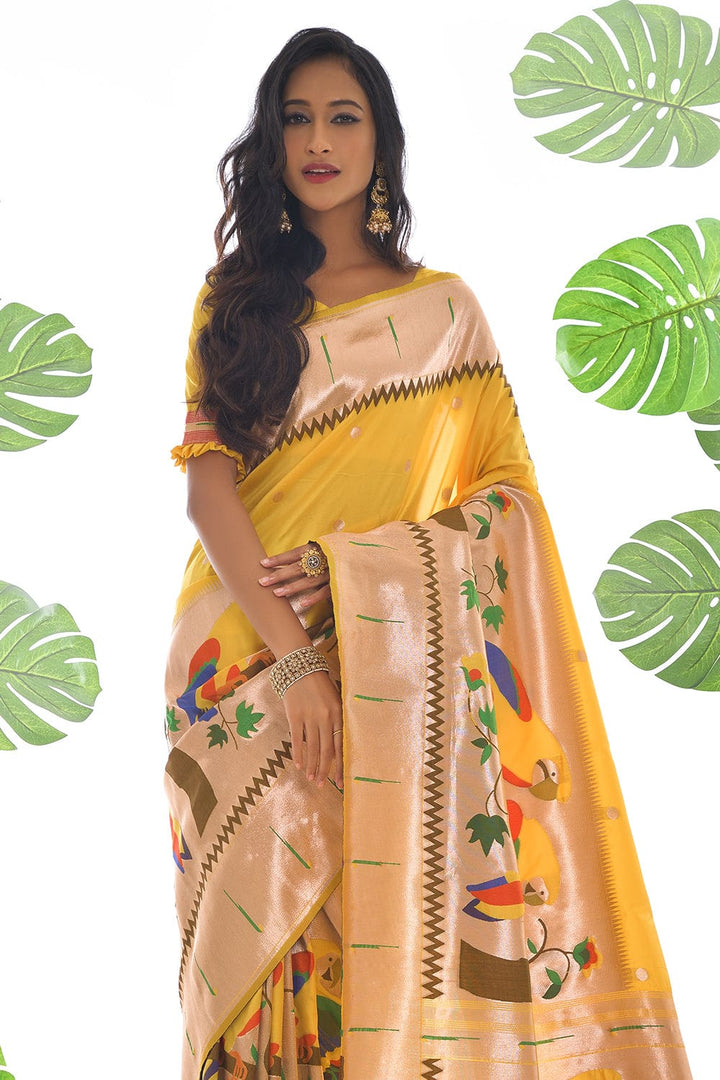 yellow paithani saree
